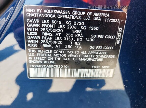 1V2KR2CA5PC520104 2023 VOLKSWAGEN ATLAS Синий Вид наклейки с VIN-кодом