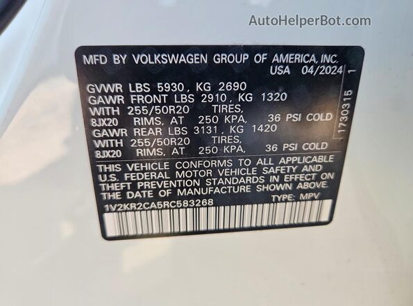 1V2KR2CA5RC583268 2024 VOLKSWAGEN ATLAS White VIN კოდის სტიკერის ხედი