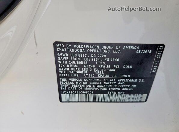1V2KR2CA6JC565009 2018 VOLKSWAGEN ATLAS White Панорамний вид салону 360°