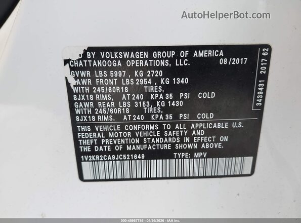 1V2KR2CA9JC521649 2018 VOLKSWAGEN ATLAS White Շարժիչի բաժամունքի տեսք
