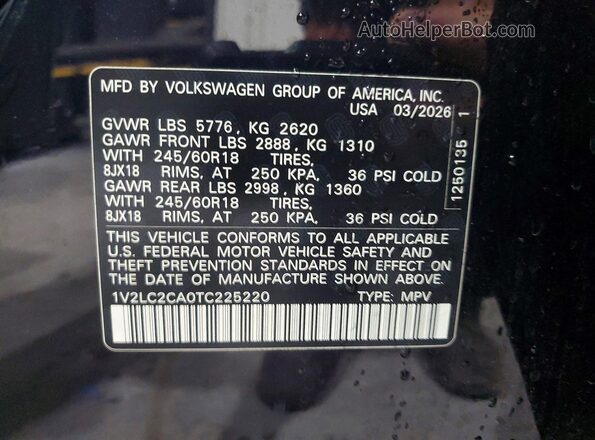 1V2LC2CA0TC225220 2026 VOLKSWAGEN ATLAS Черный Вид наклейки с VIN-кодом
