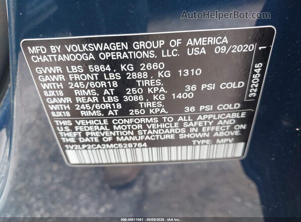 1V2LP2CA2MC528764 2021 VOLKSWAGEN ATLAS Синий Вид подкапотного пространства
