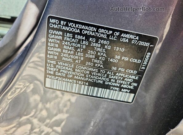 1V2LP2CA5MC518214 2021 VOLKSWAGEN ATLAS Серый Вид наклейки с VIN-кодом