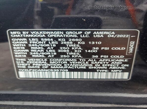 1V2LP2CA5NC535709 2022 VOLKSWAGEN ATLAS Black Вид наклейки з VIN-кодом