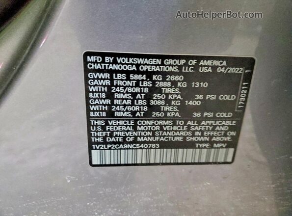 1V2LP2CA9NC540783 2022 VOLKSWAGEN ATLAS Silver VIN sticker view