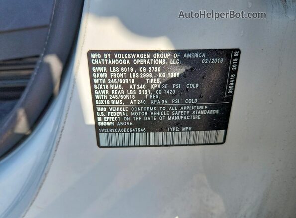 1V2LR2CA0KC547546 2019 VOLKSWAGEN ATLAS White Vista de la etiqueta del VIN