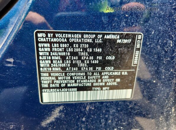 1V2LR2CA1JC513355 2018 VOLKSWAGEN ATLAS Blue Vista de la etiqueta del VIN