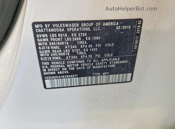 1V2LR2CA1KC543277 2019 VOLKSWAGEN ATLAS White VIN sticker view
