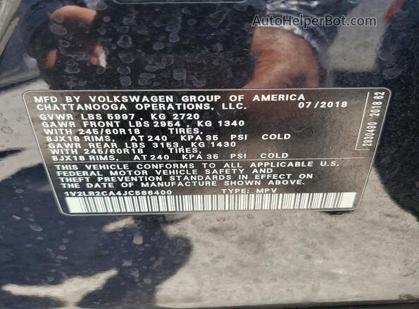 1V2LR2CA4JC586400 2018 VOLKSWAGEN ATLAS Black Vista de la etiqueta del VIN