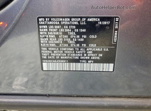 1V2LR2CA5JC535911 2018 VOLKSWAGEN ATLAS Gray Widok naklejki z numerem VIN