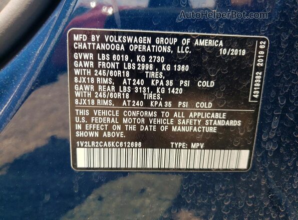 1V2LR2CA5KC612696 2019 VOLKSWAGEN ATLAS Blue Vista de la etiqueta del VIN