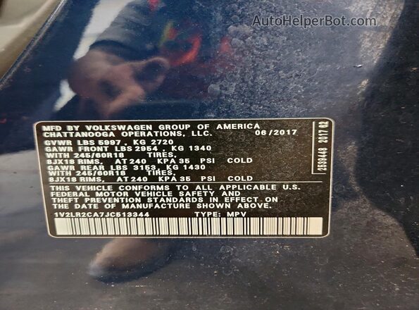1V2LR2CA7JC513344 2018 VOLKSWAGEN ATLAS Blue VIN sticker view