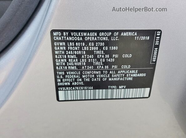 1V2LR2CA7KC515144 2019 VOLKSWAGEN ATLAS Silver VIN კოდის სტიკერის ხედი