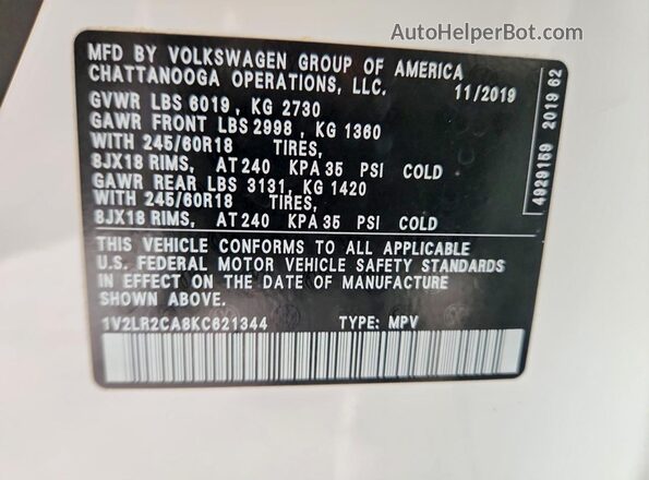 1V2LR2CA8KC621344 2019 VOLKSWAGEN ATLAS White 360 interior view