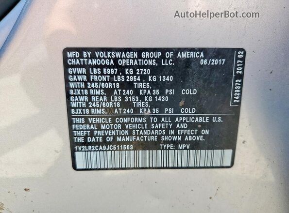 1V2LR2CA9JC511563 2018 VOLKSWAGEN ATLAS Silver Панорамний вид салону 360°