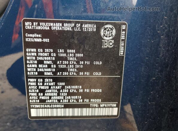 1V2MC2CA3LC203524 2020 VOLKSWAGEN ATLAS Blue Vista del compartimento del motor
