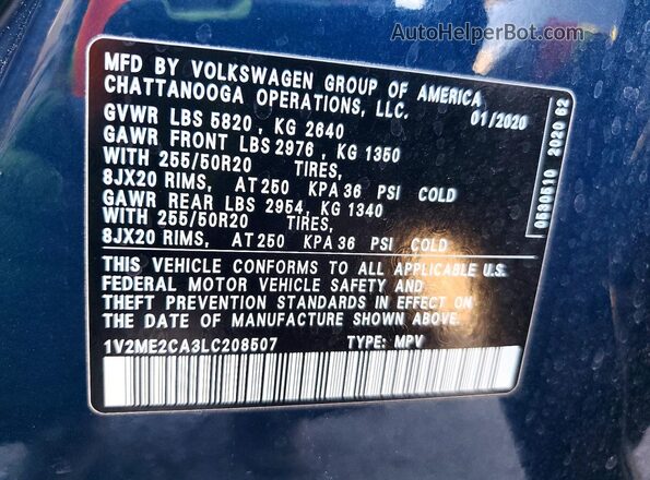 1V2ME2CA3LC208507 2020 VOLKSWAGEN ATLAS Blue Панорамний вид салону 360°