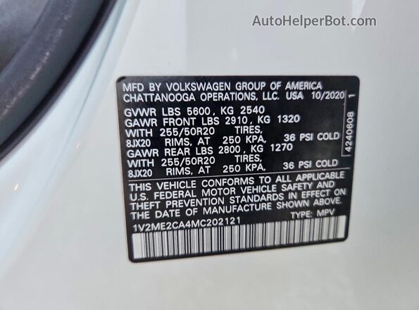 1V2ME2CA4MC202121 2021 VOLKSWAGEN ATLAS Белый Вид наклейки с VIN-кодом