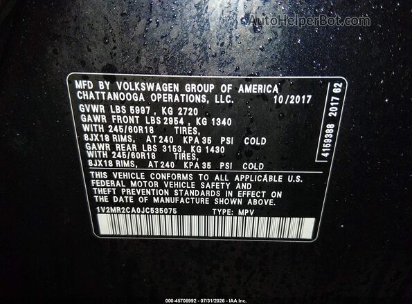 1V2MR2CA0JC535075 2018 VOLKSWAGEN ATLAS Black Вид підкапотного простору