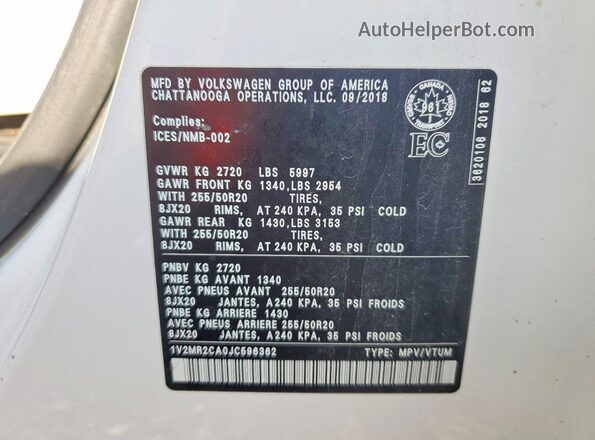 1V2MR2CA0JC596362 2018 VOLKSWAGEN ATLAS White VIN კოდის სტიკერის ხედი