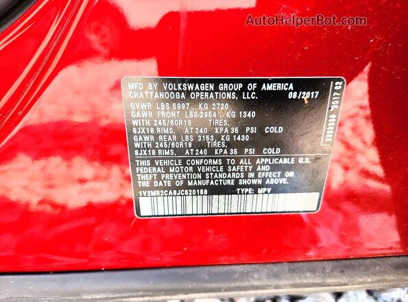 1V2MR2CA6JC520158 2018 VOLKSWAGEN ATLAS Red VIN კოდის სტიკერის ხედი