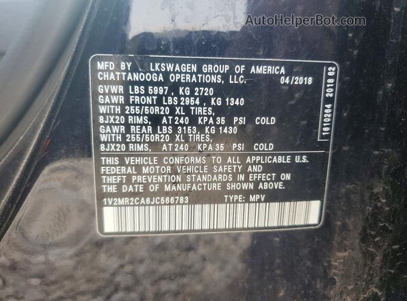 1V2MR2CA6JC566783 2018 VOLKSWAGEN ATLAS Black Widok naklejki z numerem VIN