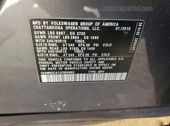 1V2MR2CA7JC553993 2018 VOLKSWAGEN ATLAS Gray VIN կոդի պիտակի տեսք