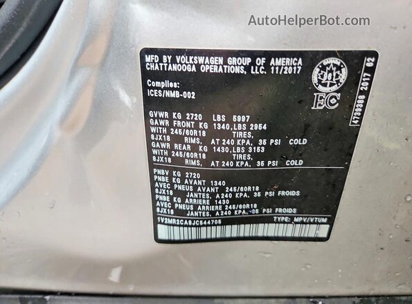 1V2MR2CA8JC544705 2018 VOLKSWAGEN ATLAS Silver VIN კოდის სტიკერის ხედი