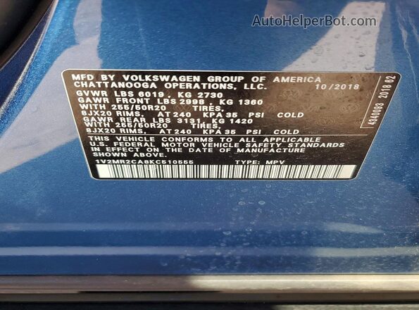 1V2MR2CA8KC510555 2019 VOLKSWAGEN ATLAS Blue VIN sticker view