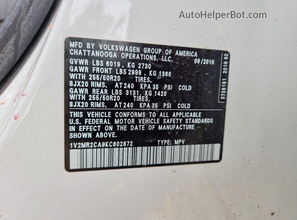 1V2MR2CA9KC602872 2019 VOLKSWAGEN ATLAS White Вид наклейки з VIN-кодом