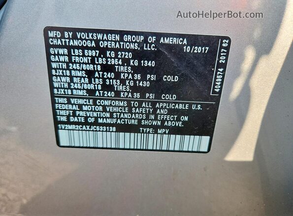 1V2MR2CAXJC533138 2018 VOLKSWAGEN ATLAS Silver Вид наклейки з VIN-кодом