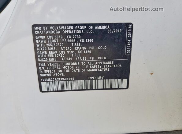 1V2MR2CAXKC595284 2019 VOLKSWAGEN ATLAS White Vista de la etiqueta del VIN
