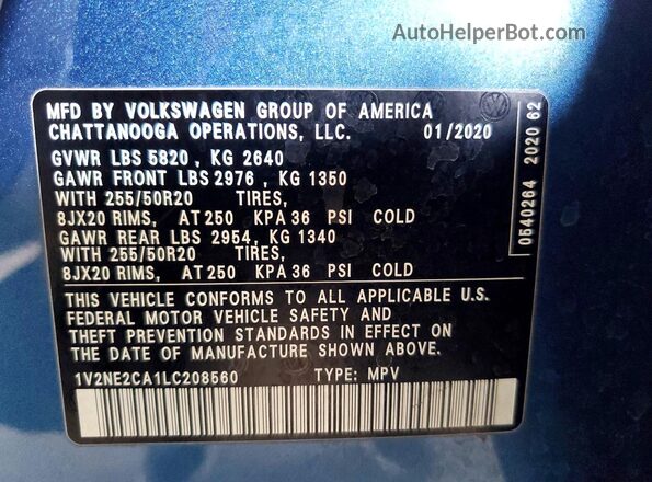 1V2NE2CA1LC208560 2020 VOLKSWAGEN ATLAS Blue Widok komory silnika