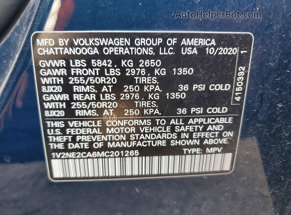 1V2NE2CA6MC201265 2021 VOLKSWAGEN ATLAS Blue VIN sticker view