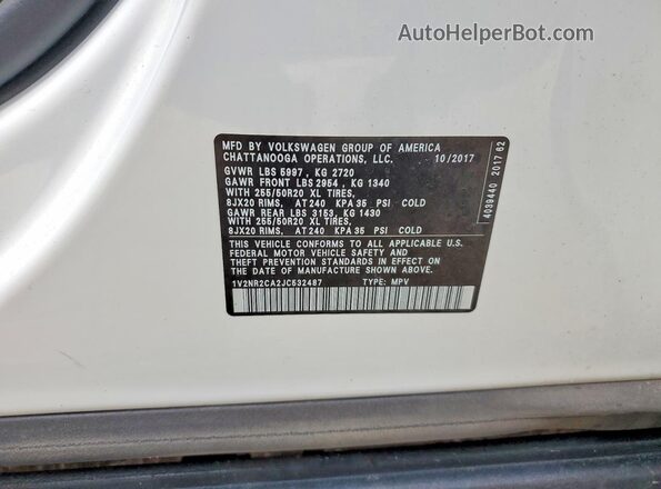 1V2NR2CA2JC532487 2018 VOLKSWAGEN ATLAS White VIN sticker view