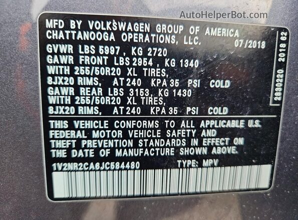 1V2NR2CA6JC584480 2018 VOLKSWAGEN ATLAS Gray 