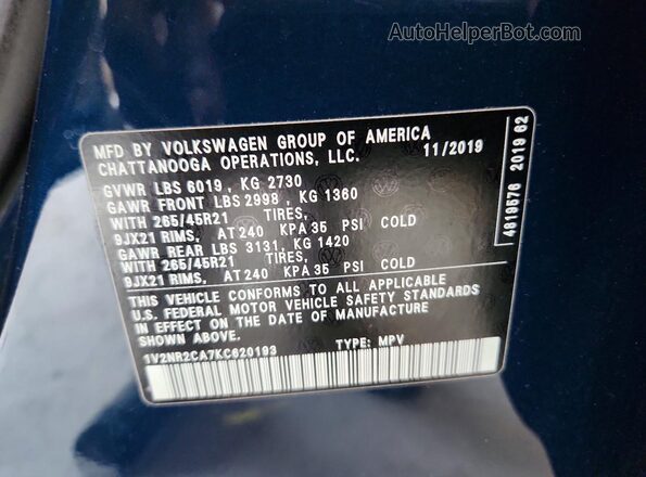1V2NR2CA7KC620193 2019 VOLKSWAGEN ATLAS Blue Вид наклейки з VIN-кодом