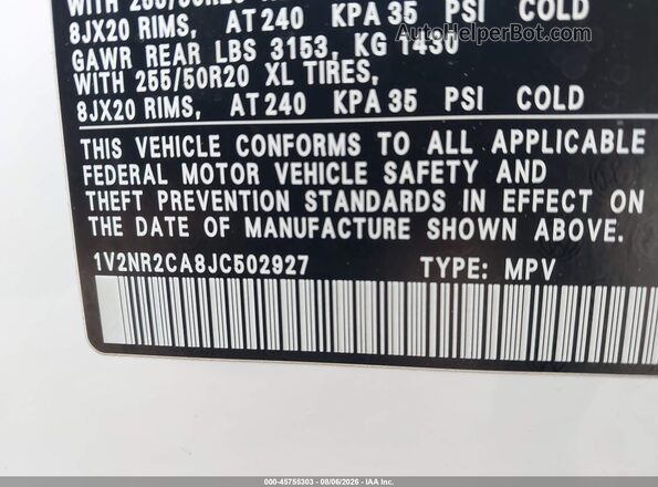 1V2NR2CA8JC502927 2018 VOLKSWAGEN ATLAS White Widok komory silnika