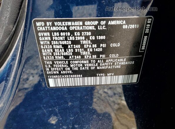 1V2NR2CAXKC605364 2019 VOLKSWAGEN ATLAS Blue Widok naklejki z numerem VIN