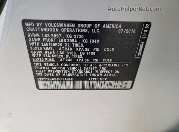 1V2PR2CA3JC584350 2018 VOLKSWAGEN ATLAS White Вид наклейки з VIN-кодом