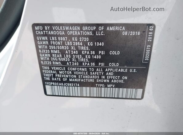 1V2PR2CA5JC592174 2018 VOLKSWAGEN ATLAS White Вид підкапотного простору