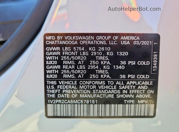 1V2PR2CA5MC578151 2021 VOLKSWAGEN ATLAS White VIN კოდის სტიკერის ხედი