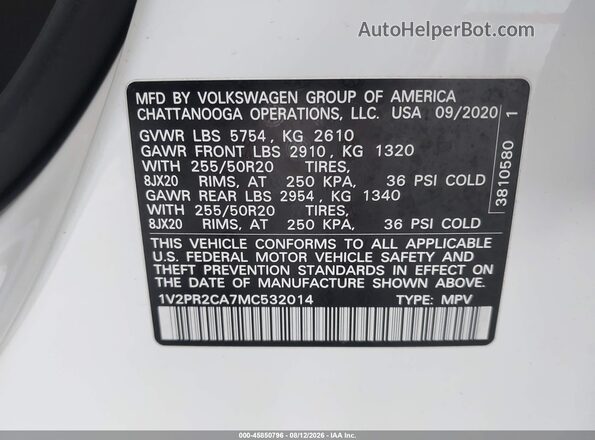 1V2PR2CA7MC532014 2021 VOLKSWAGEN ATLAS White Engine compartment view