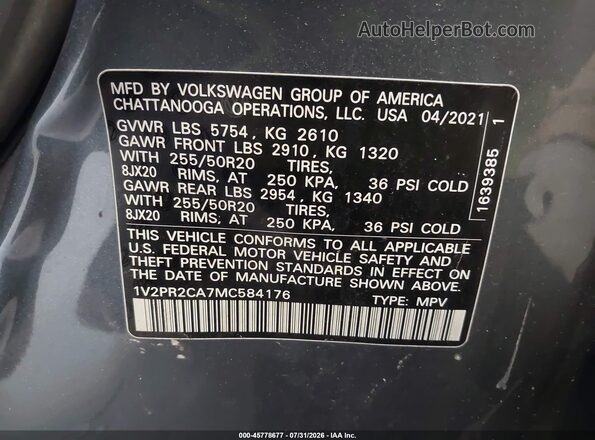 1V2PR2CA7MC584176 2021 VOLKSWAGEN ATLAS Gray Engine compartment view