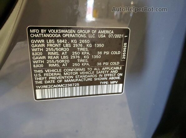 1V2RE2CA0MC236725 2021 VOLKSWAGEN ATLAS Gray Vista de la etiqueta del VIN