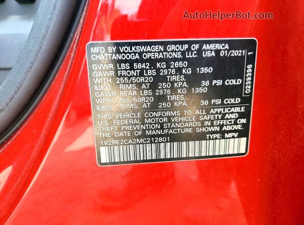 1V2RE2CA2MC212801 2021 VOLKSWAGEN ATLAS Red VIN კოდის სტიკერის ხედი