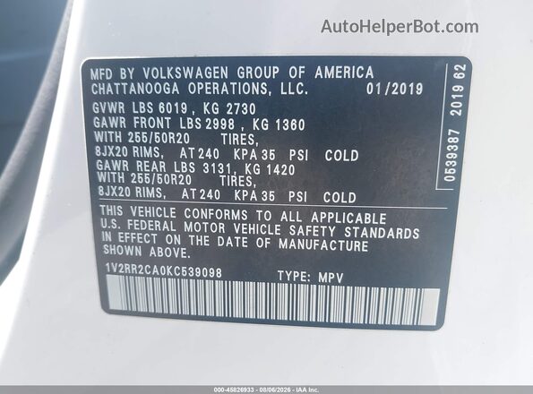 1V2RR2CA0KC539098 2019 VOLKSWAGEN ATLAS White Vista del compartimento del motor
