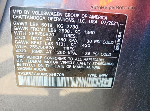1V2RR2CA0MC599708 2021 VOLKSWAGEN ATLAS Gray Вид наклейки з VIN-кодом