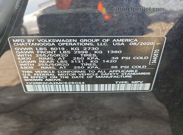 1V2RR2CA2MC525044 2021 VOLKSWAGEN ATLAS Black Вид наклейки з VIN-кодом