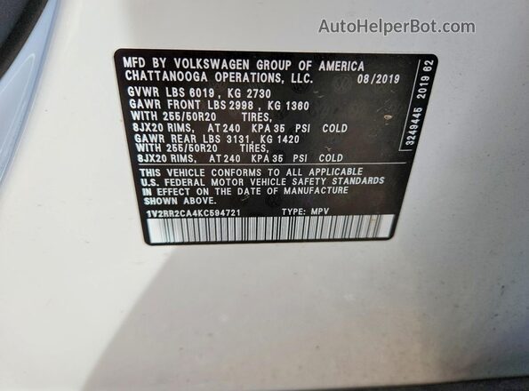 1V2RR2CA4KC594721 2019 VOLKSWAGEN ATLAS White 360 interior view